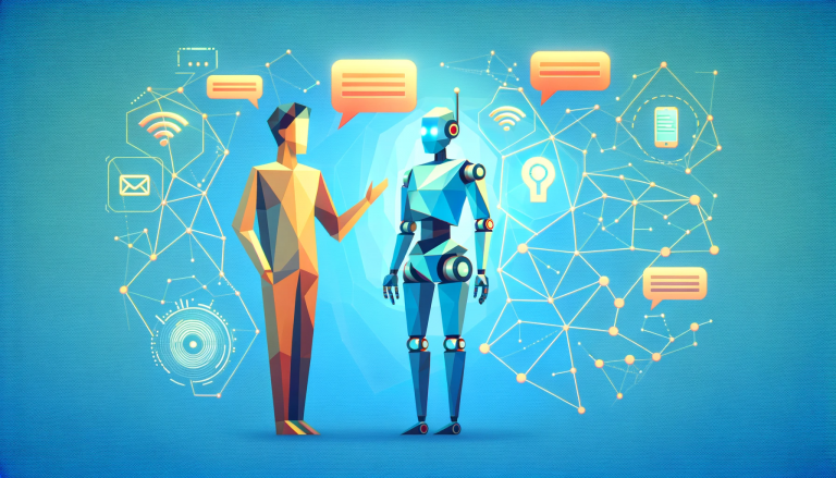 A low poly illustration of a human and a robot in the midst of a conversation, highlighted by digital speech bubbles and a complex background network, representing the evolution of communication between humans and AI.