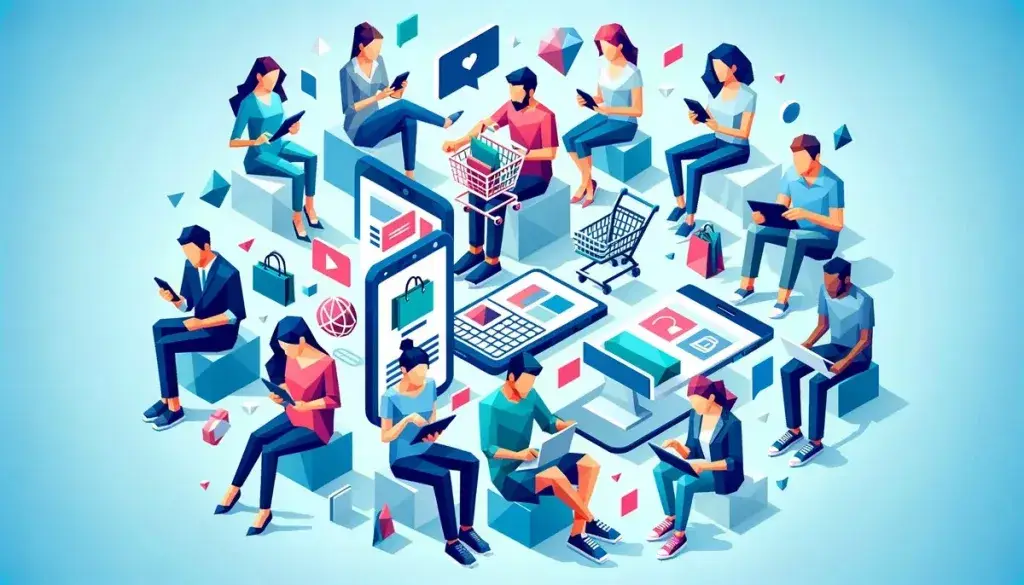 A vibrant low poly art depiction showcasing diverse individuals engaged in online shopping, highlighting the modern shopper's digital prowess and the seamless blend of technology and lifestyle.