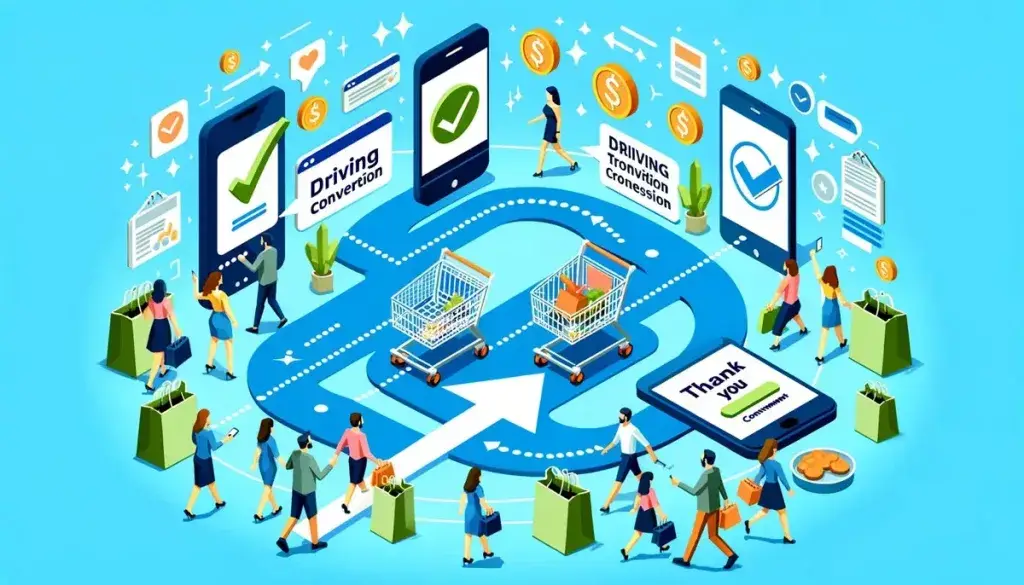 visually represent the concept of driving conversion through shopper marketing in the low poly art style, with a light blue background. It captures the essence of a successful transaction moment in shopper marketing, emphasizing the positive outcome and satisfaction of the process.