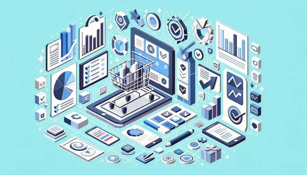 visually represent the concept of measuring the impact of shopper marketing in a low poly art style, set against a light blue background. It encapsulates the essence of data-driven decision-making, highlighting the use of analytical tools and metrics to gauge shopper behavior and campaign performance.