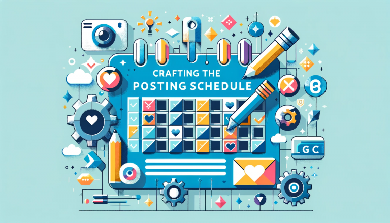 A low poly art style image visualizing 'Crafting the Perfect Posting Schedule', showcasing a social media calendar with abstract elements representing various social networks, set against a tranquil light blue background.