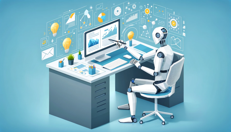Humanoid robot at a desk with a computer, symbolizing the fusion of technology and creativity in Generative AI marketing.