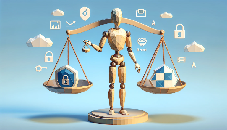 Humanoid robot balancing scales of ethics and brand authenticity, symbolizing thoughtful consideration in AI implementation.