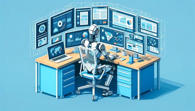 Humanoid robot at a desk with a computer, symbolizing the fusion of technology and creativity in Generative AI marketing.