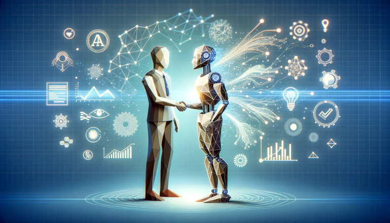A low poly art image depicting a humanoid robot shaking hands with a human, symbolizing the partnership between technology and human creativity in marketing. The background features digital elements like data streams and graphs, emphasizing the collaborative and strategic nature of the union between AI and human expertise in reshaping the marketing industry.