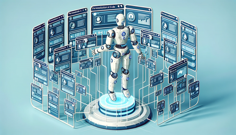 Humanoid robot at a large desk with screens displaying various types of content, symbolizing automation in creative processes.