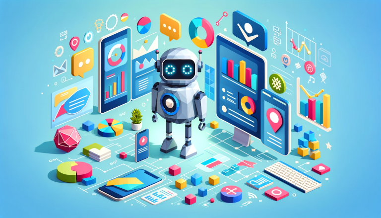 A visually engaging low poly art representation of ChatGPT seamlessly integrated into the digital marketing landscape, symbolizing innovation and strategy in customer engagement.