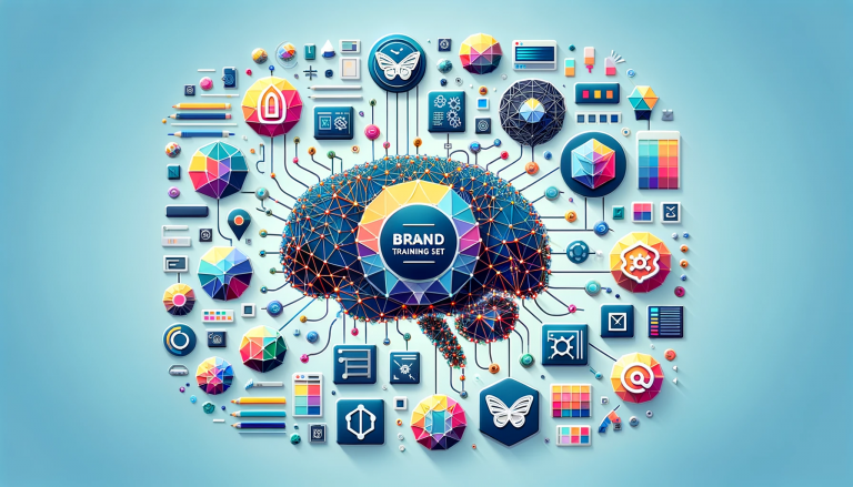 Low poly art style image representing the concept of a Brand Training Set. The image should feature elements like a digital brain, interconne