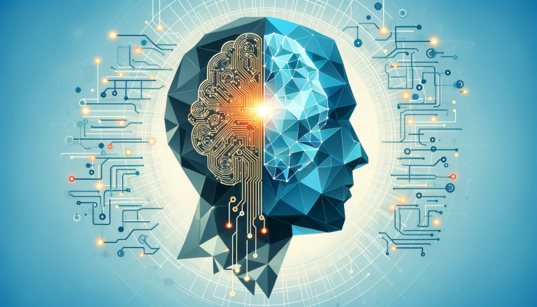 A low poly art style image illustrating the concept of integrating AI with human insight, showcasing a human silhouette and digital brain or circuitry merging together, set against a light blue background to emphasize synergy, balance, and forward-thinking collaboration.