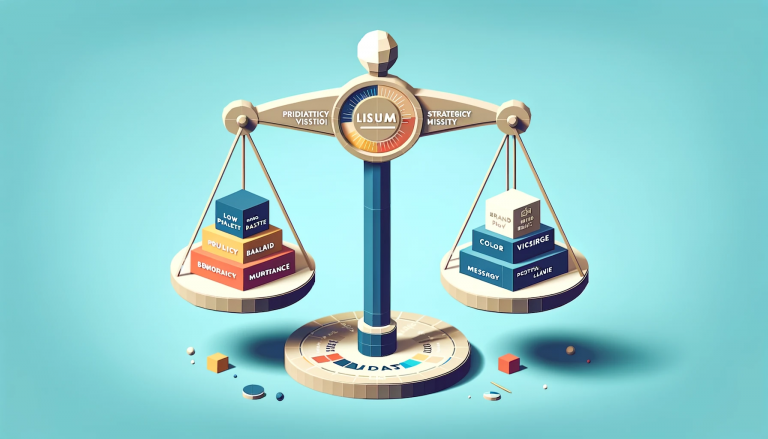 A low poly art style image illustrating the concept of prioritizing brand elements, showcasing a balance scale or structured hierarchy with brand elements (logos, color palettes, typography, messaging), each representing their importance to the overall brand vision, set against a light blue background to highlight strategic clarity and focus.