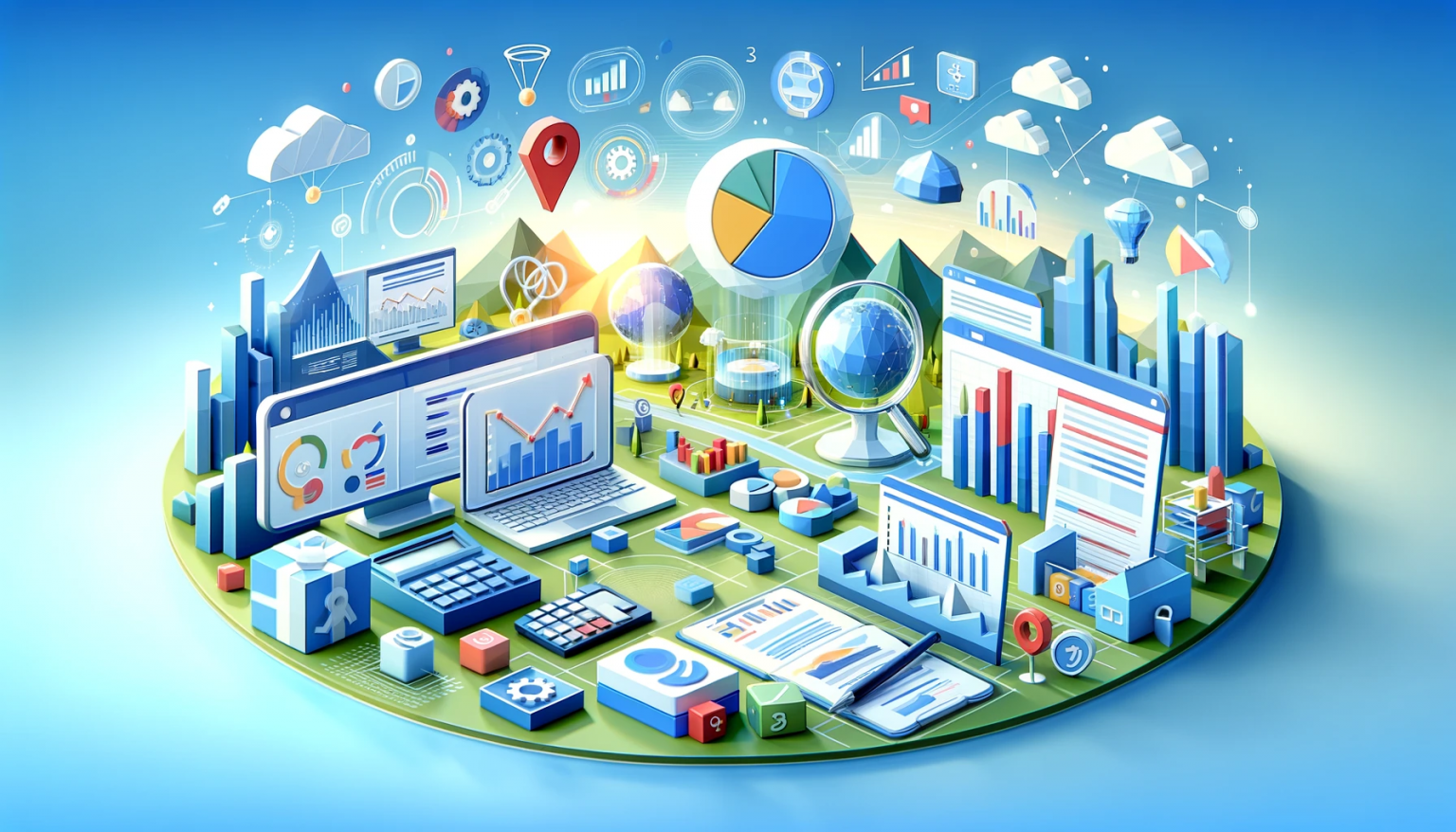 A Marketer’s Guide to Google Analytics. Thematic landscape depicting Google Analytics in a digital marketing setting, with data charts, marketing tools, and digital interfaces.