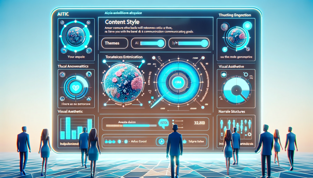 Visualize an AI-powered content style analysis tool evaluating an influencer's content. The tool analyzes various elements like themes, tonality.