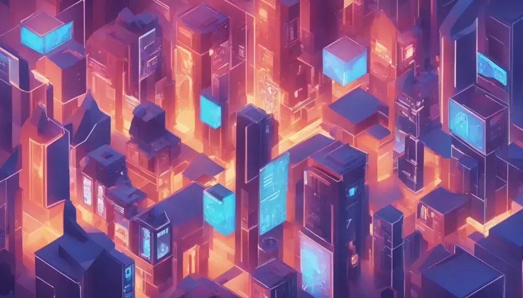 A low poly style futuristic cityscape symbolizing the integration of Automatic Content Recognition technology in advanced marketing strategies, featuring digital screens and multimedia symbols.
