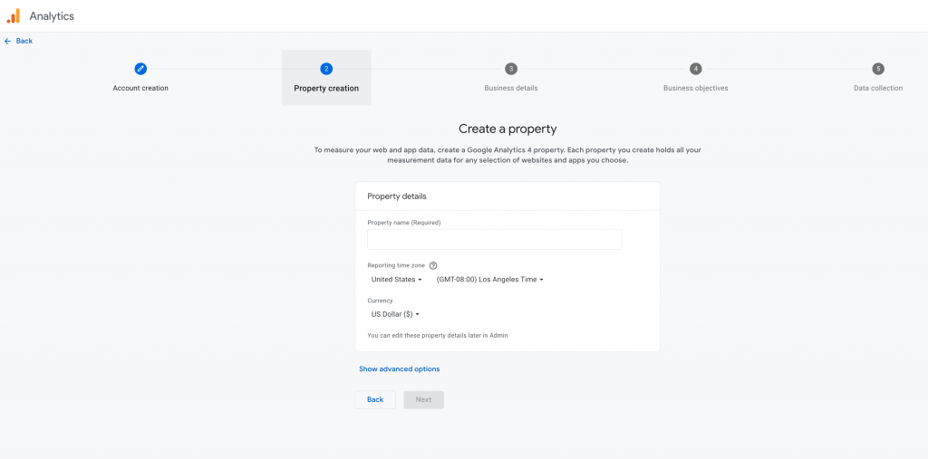 google analytics signup property creation