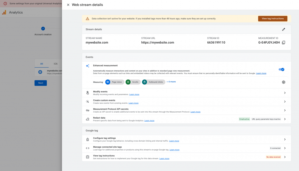 google analytics signup web stream screen