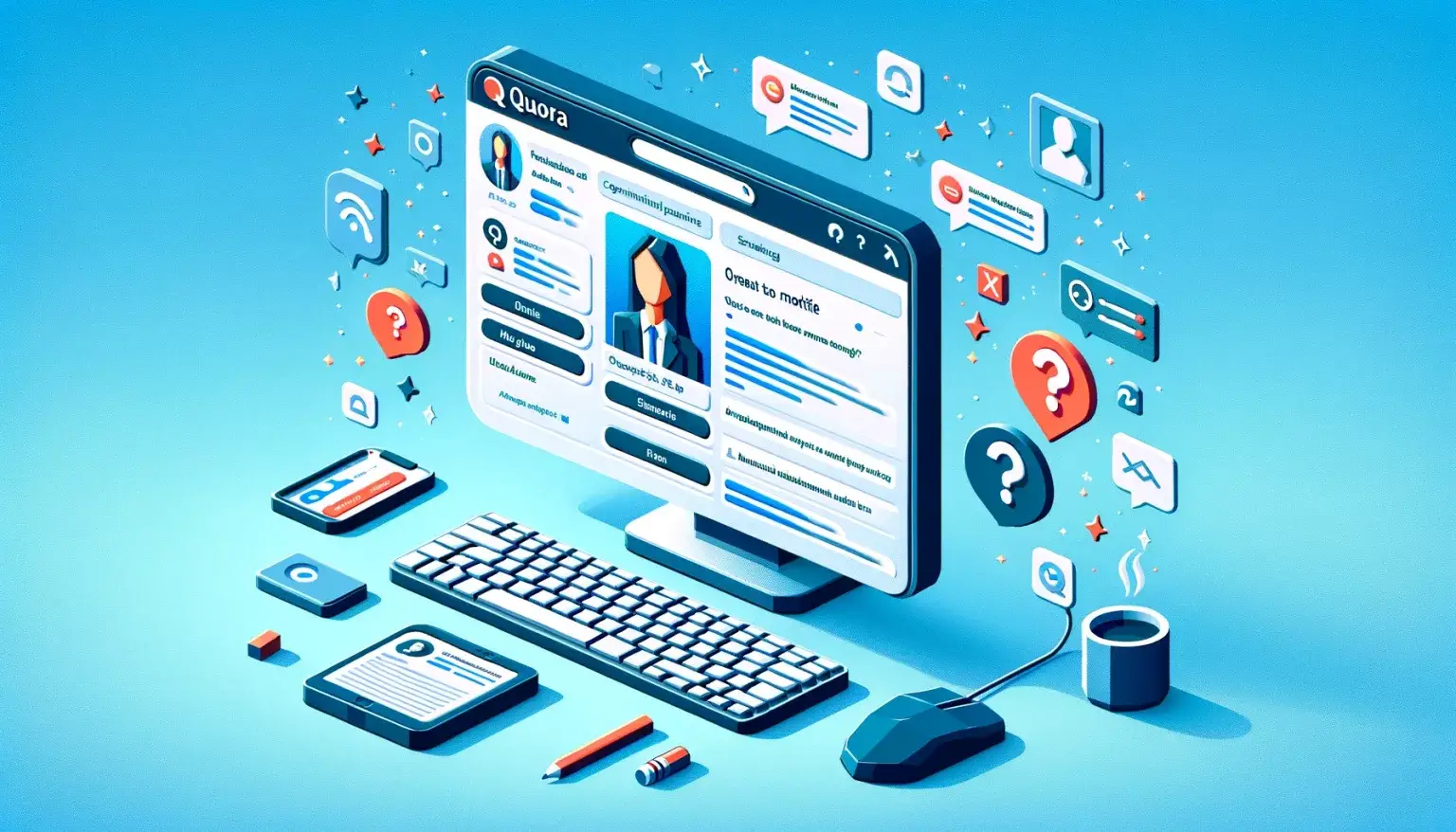 What is Quora?: A Marketer’s Guide. An illustrated workspace with computer screen displaying a social media profile, accompanied by a keyboard, mouse, coffee mug, and smartphone with interactive icons floating around.