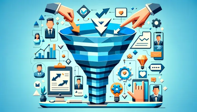 A dynamic composition showcasing a funnel with strategic business elements like analytics, marketing icons, and human figures representing customer engagement and conversion.