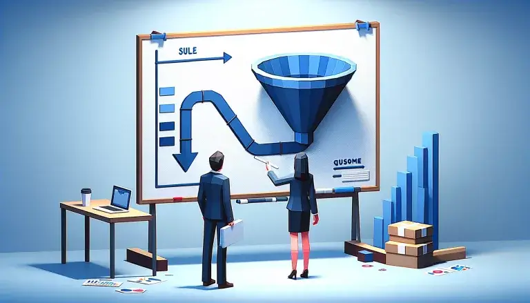 Marketer viewing an upside-down sales funnel on a whiteboard in low poly art style, against a light blue background, highlighting customer engagement focus.