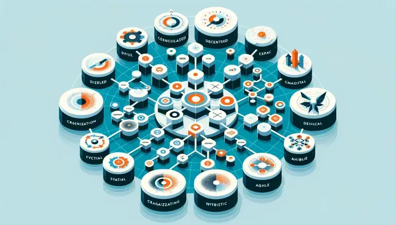 Organizational models for marketing teams illustrated in low poly art, showing centralized, decentralized, functional, agile, and hybrid structures as interconnected sections of a larger framework against a light blue background.