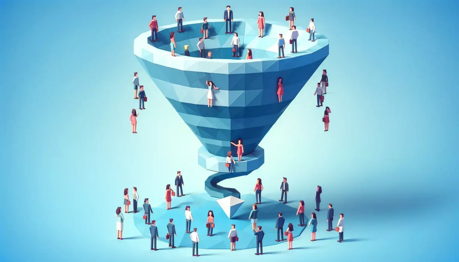 A three-dimensional funnel with figures standing at various levels, representing the different tiers of a corporate hierarchy.