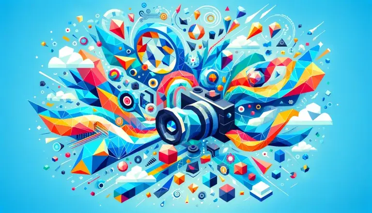 A digital camera amidst a dynamic burst of colorful abstract shapes and geometric patterns, symbolizing artistic inspiration.