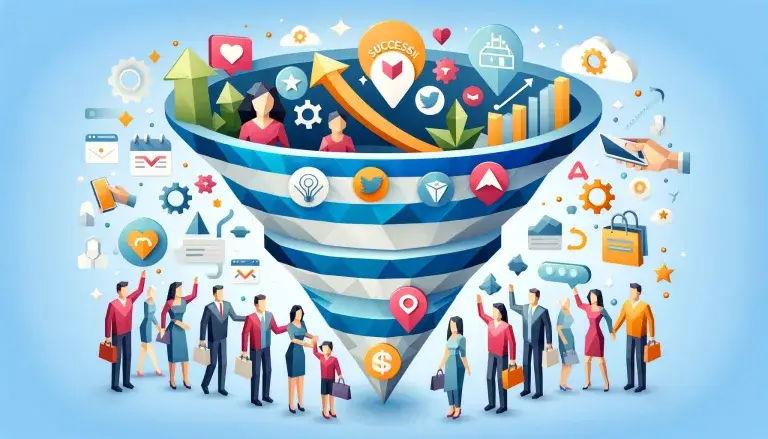 A vibrant illustration of a sales funnel with business icons and people progressing towards success, symbolizing customer journey and business growth.