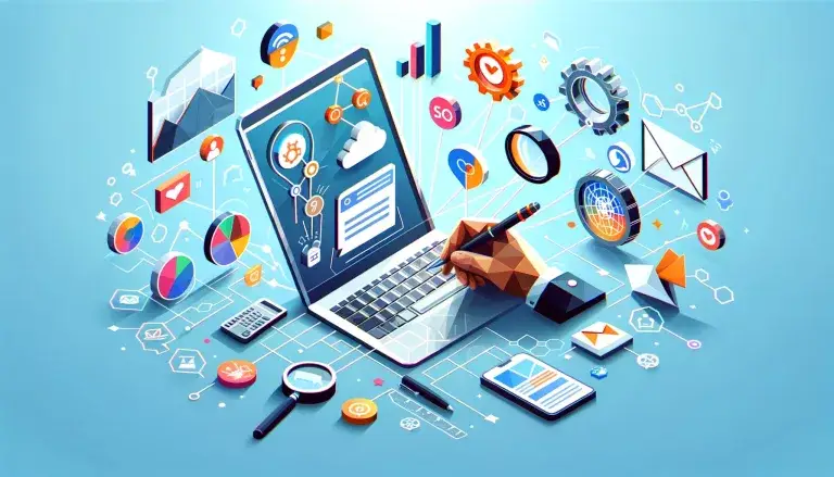 Digital expertise in modern marketing teams illustrated in low poly art, featuring key elements like social media, content creation, data analysis, SEO/SEM, and email marketing, interconnected with geometric lines on a light blue background.
