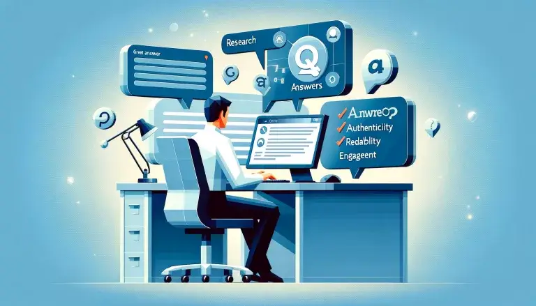 A professional at a desk with a computer displaying a research interface, flanked by speech bubbles highlighting the research process and answer verification.