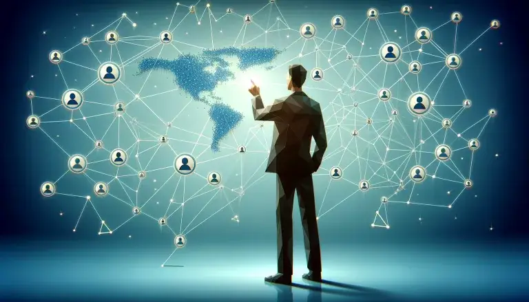Cover image for a section on 'Building Your LinkedIn Network' in low poly art style, with a person standing in front of a digital network map with interconnected nodes, symbolizing networking and relationship building, on a light blue background.