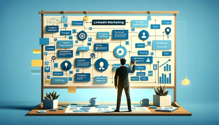 Cover image for a section on 'Developing a LinkedIn Marketing Strategy' in low poly art style, with a person standing in front of a brainstorming board with sticky notes and diagrams for marketing planning, on a light blue background.