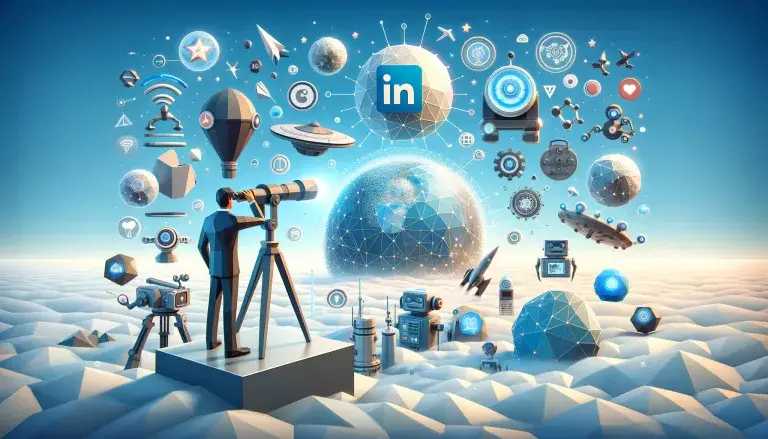 Cover image for a section on 'Future Trends in LinkedIn Marketing' in low poly art style, with a person using a telescope to view futuristic marketing icons, standing on a platform with a LinkedIn logo, on a light blue background.