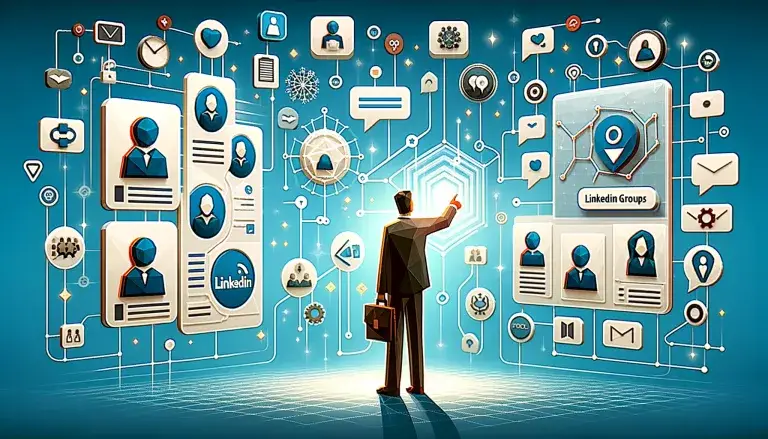 Cover image for a section on 'LinkedIn Groups: Opportunities for Marketers' in low poly art style, with a person selecting a group on a screen displaying different industry and interest icons, with symbols for communication, collaboration, and growth, on a light blue background.