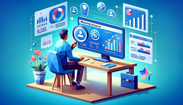 Cover image for a section on 'Measuring Success on LinkedIn' in low poly art style, with a person sitting at a desk with a computer displaying engagement rates, follower growth, and conversion metrics, surrounded by performance charts and graphs, on a light blue background.