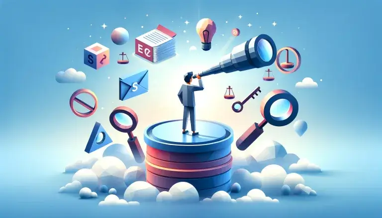 Cover image for a section on 'The Future of E-E-A-T in SEO' in low poly art style, with a person using a telescope to view icons related to E-E-A-T, standing on a platform symbolizing a webpage, on a light blue background.