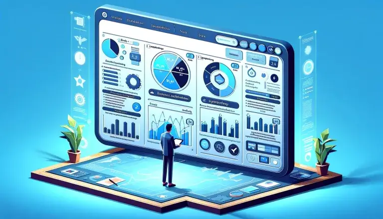 Cover image for an article on 'Evaluating Your Content's E-E-A-T' in low poly art style, with a person standing in front of a large digital display showing graphs, charts, and text for E-E-A-T evaluation, using a digital tablet, on a light blue background.