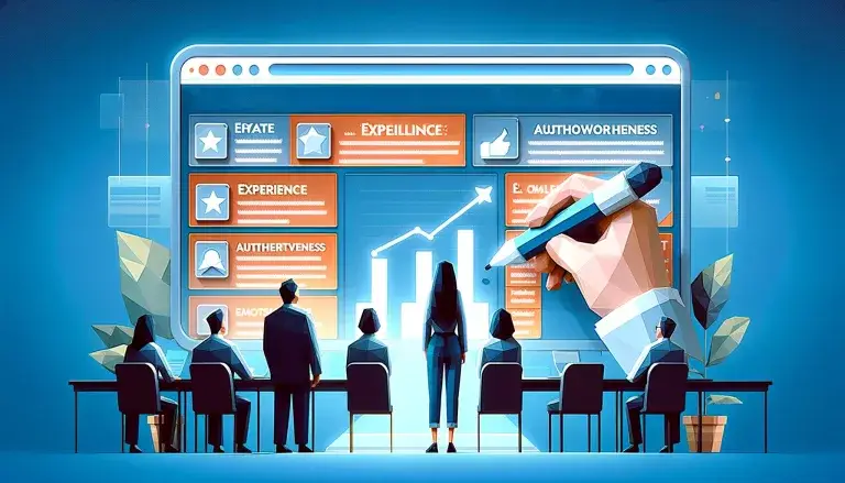 Cover image for an article on 'Evaluating Your Content's E-E-A-T' in low poly art style, with a person standing in front of a large display with various content pieces tagged with E-E-A-T criteria, using a digital pen to assess, on a light blue background.