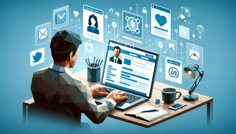 Cover image for an article on 'The Beginner's Guide to LinkedIn Marketing' in low poly art style, with a person sitting at a desk with a laptop showing a LinkedIn profile, and icons for networking, content creation, and analytics, on a light blue background.