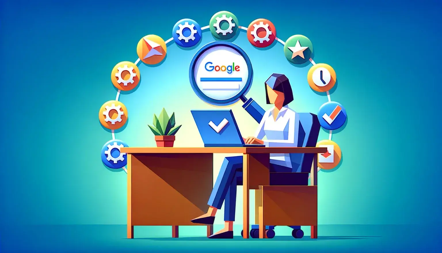 Cover image for an article on 'The E-E-A-T Guide to Google E-E-A-T' in low poly art style, with a person sitting at a desk with a laptop, studying E-E-A-T criteria, surrounded by icons for Expertise, Experience, Authoritativeness, and Trustworthiness, on a light blue background.