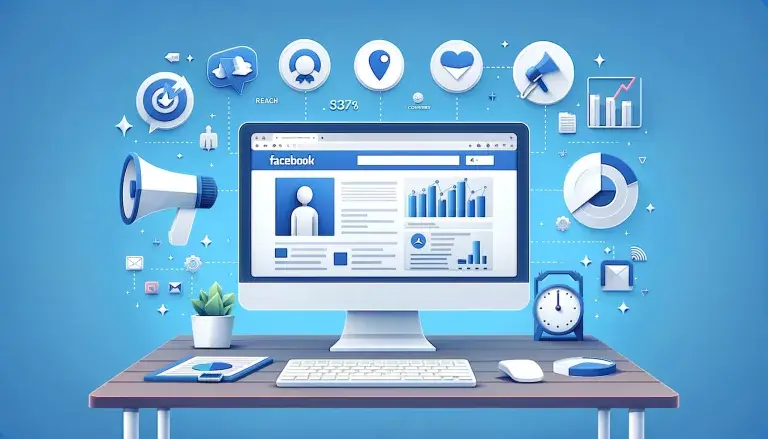 Illustration of Facebook advertising essentials in low poly art style, with a computer displaying an ad campaign dashboard and surrounding icons for target audience, promotion, and analytics, on a light blue background.