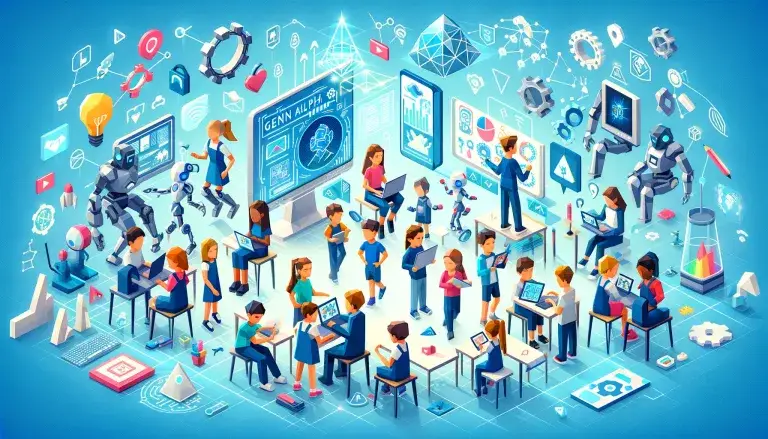 Illustration of Gen Alpha and the future workforce in low poly art style, with diverse children engaging with futuristic technology, collaboration, and sustainability icons, on a light blue background.