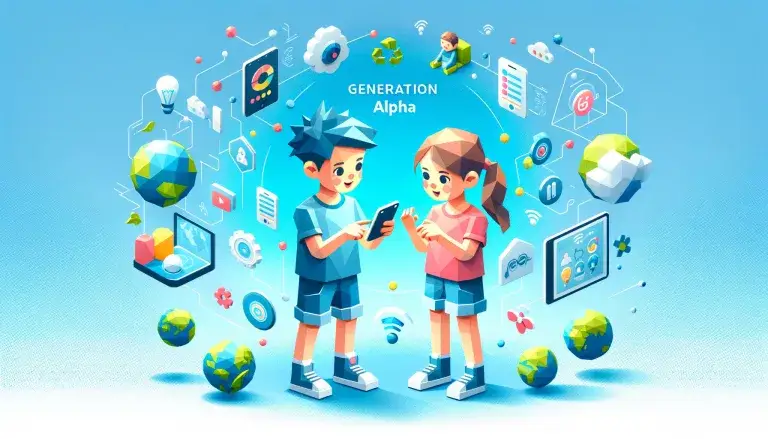 Generation Alpha illustration in low poly art style with a boy and a girl using digital devices, technology and sustainability icons, on a light blue background.