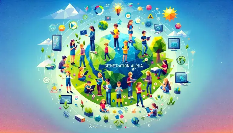 Generation Alpha illustration in low poly art style with diverse children engaging with technology, nature, and each other, technology and sustainability icons, on a light blue background.