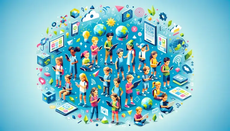 Generation Alpha illustration in low poly art style with diverse children using digital devices, technology and sustainability icons, on a light blue background.
