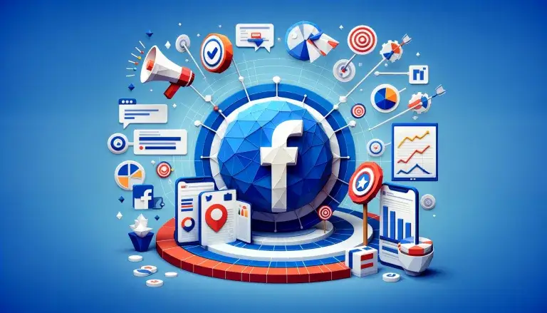 Illustration of a Facebook marketing guide in low poly art style, with a Facebook logo and surrounding marketing elements including a megaphone, target, chart, and smartphone ad, on a light blue background.