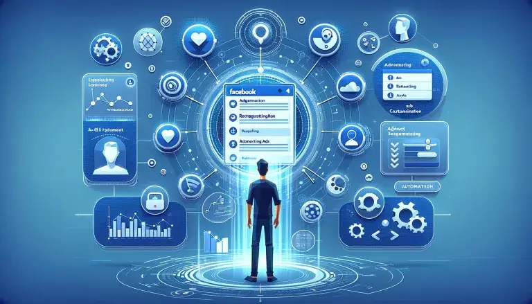 Illustration of advanced Facebook marketing techniques in low poly art style, with a person using a holographic display of Facebook tools, surrounded by icons for data analysis, customization, and automation, on a light blue background.
