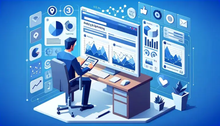 Illustration of analyzing and optimizing a Facebook strategy in low poly art style, with a person looking at a computer screen filled with performance data, adjusting on a tablet, surrounded by icons for engagement, reach, and conversions, on a light blue background.