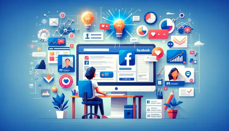 Illustration of crafting a Facebook page for success in low poly art style, with a person at a computer displaying a vibrant Facebook page, and surrounding symbols of creativity and success, on a light blue background.