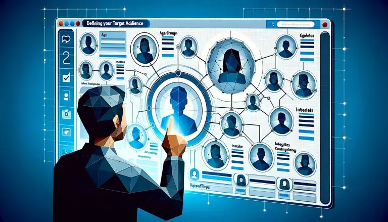 Illustration of defining your target audience on Facebook in low poly art style, with a digital board showing age groups, interests, locations, and a person pointing at specific profiles, on a light blue background.