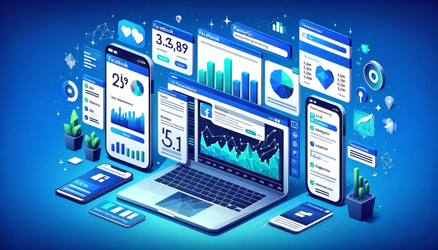 Illustration of essential Facebook statistics for marketers in low poly art style, with a dashboard displaying key metrics and a laptop and smartphone showing Facebook analytics, emphasizing mobile and digital marketing, on a light blue background.