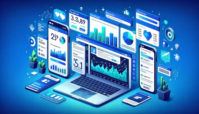 Illustration of essential Facebook statistics for marketers in low poly art style, with a dashboard displaying key metrics and a laptop and smartphone showing Facebook analytics, emphasizing mobile and digital marketing, on a light blue background.